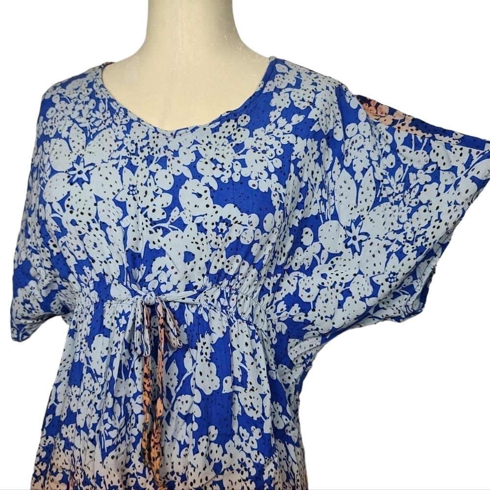 Cabi Ombre Floral Blue White Orange Cinched Waist Tie Blouse S #891 - Picture 3 of 10